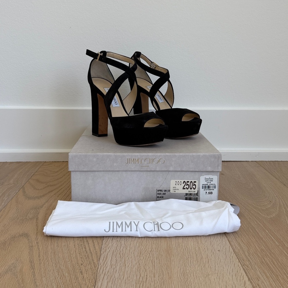 Jimmy Choo Black Suede Platform Heels 7.5 - Picture 2 of 12